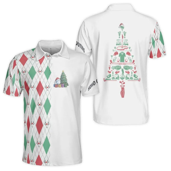 Humorous Holiday Argyle Golf Ball Tree Polo Shirt, Christmas Golf Polo Shirt, Festive Xmas Golfer Performance Top, Mens Holid