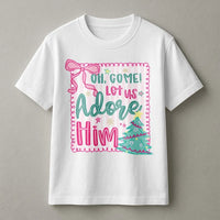 Pink Coquette Christmas Tree Tee, Oh Come Let Us Adore Him T-Shirt, Christian Holiday Graphic Shirt, Faith Aesthetic Scripture Tee