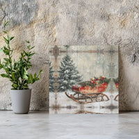 Snowy Pine Tree Forest Canvas Wall Art, Vintage Christmas Sleigh Square Canvas, Rustic Winter Canvas Print, Holiday Farmhouse
