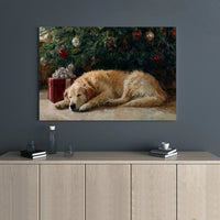 Christmas Tree Oil Painting Style Print, Sleeping Golden Retriever Canvas Art, Holiday Dog Wall Decor, Festive Pet Lover Canvas Present