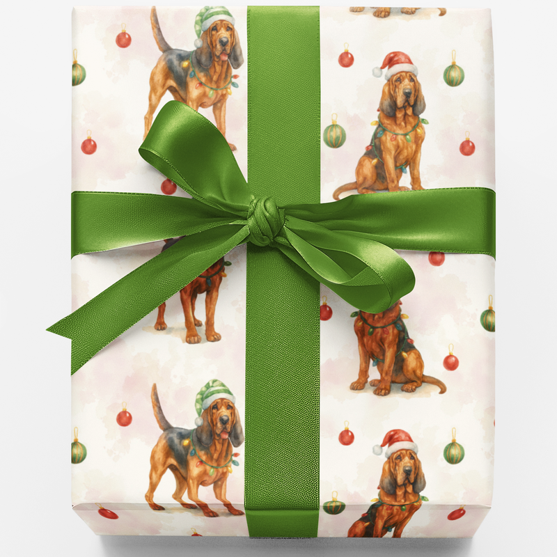 Adorable Hound Dog Holiday Wrapping Paper, Bloodhound Christmas Gift Wrap, Festive Winter Puppy Gift Wrap