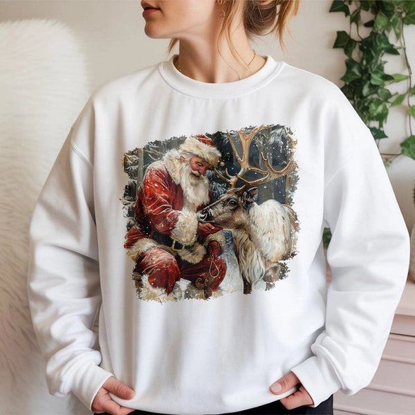 Vintage Christmas Crewneck, Santa and Reindeer Sweatshirt, Artistic Holiday Reindeer Sweater, Retro Xmas Sweatshirt, Winter H