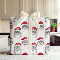 Cat in Santa Hat Gift Wrap, Grey Cat Christmas Wrapping Paper, Watercolor Kitten Holiday Wrapping Paper, Pet Lover Xmas Present Paper