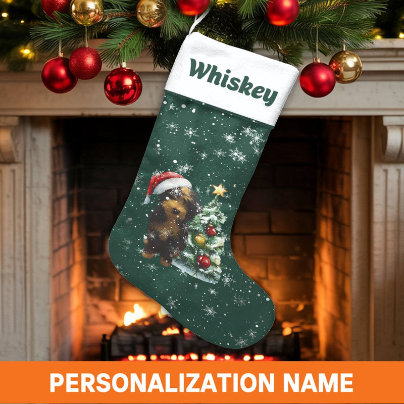Yorkshire Terrier Santa Stocking, Personalized Yorkie Christmas Stocking, Custom Dog Holiday Stocking, Velboa Mantel Decor, Dog Lover Present