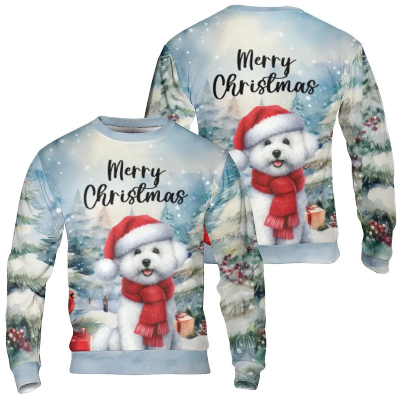 Adorable Dog Santa Hat Sweater, Bichon Frise Christmas Sweatshirt, Puppy Winter Graphic Crewneck, Pet Lover Holiday Pullover, Xmas Dog Mom Present