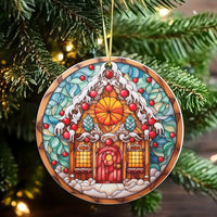 Stained Glass Art Christmas Ornament, Gingerbread House Ceramic Ornament, Festive Holiday Home Decor, Adorable Xmas Keepsake Ornament Present