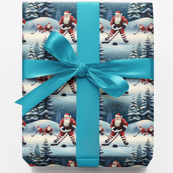 North Pole Christmas Gift Wrap Paper Roll, Hockey Santa Wrapping Paper, Winter Sports Present Paper, Holiday Hockey Fan Gift 