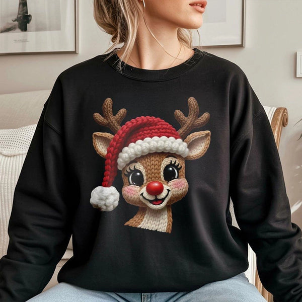 Adorable Faux Knit Rudolph Red Nose Crewneck, Reindeer Christmas Sweatshirt, Vintage Festive Holiday Sweater, Comfy Xmas Grap
