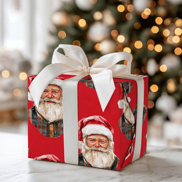 Plaid Flannel Santa Claus Gift Wrap, Lumberjack Santa Wrapping Paper, Rustic Red Christmas Wrapping Paper, Country Holiday Pr