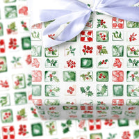 Botanical Grid Christmas Gift Wrap, Watercolor Holly Berry Wrapping Paper, Mistletoe Floral Wrapping Paper, Holiday Present Gift Wrap Roll