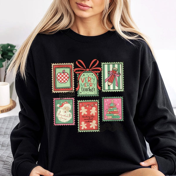Vintage Holiday Stamp Crewneck, Very Merry Teacher Sweatshirt, Adorable Christmas Educator Pullover, Elementary Teacher Xmas 