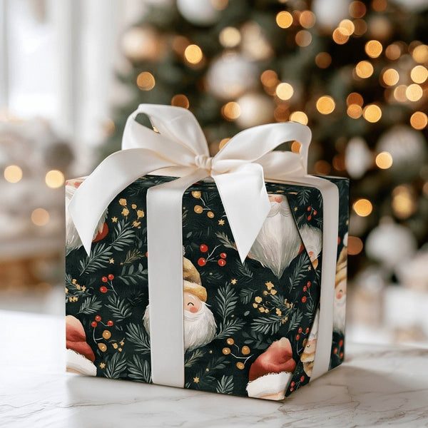Retro Santa Gift Wrap Roll, Adorable Santa Claus Christmas Wrapping Paper, Festive Green Holiday Wrap, Winter Berry Present P