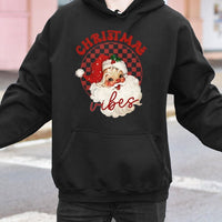 Buffalo Plaid Holiday Sweatshirt, Retro Santa Christmas Vibes Hoodie, Winter Graphic Hooded Pullover, Festive Santa Xmas Hoodie