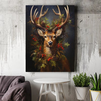 Festive Deer Holly Wreath Canvas Print, Christmas Stag Canvas Wall Art, Rustic Winter Animal Canvas Decor, Holiday Living Room Wall Art