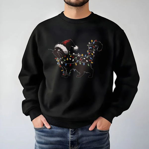 Santa Hat Cat Tangled in Lights Crewneck, Black Cat Christmas Sweatshirt, Humorous Cat Lover Holiday Pullover, Xmas Cat Sweat