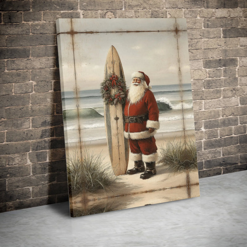 Coastal Vintage Santa Canvas Print, Surfing Santa Canvas Wall Art, Tropical Christmas Wall Decor, Beach House Holiday Canvas Wall Art