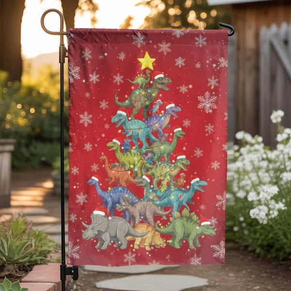 Festive T-Rex Holiday Yard Flag, Dinosaur Christmas Tree Garden Flag, Adorable Dino Winter Lawn Flag, Seasonal Outdoor Decor 