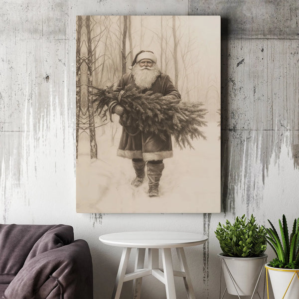 Sketch Santa Carrying Tree Canvas Print, Vintage Santa Claus Wall Art, Rustic Christmas Canvas Decor, Holiday Canvas Art, Xma