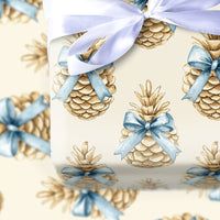 Blue Bow Winter Gift Wrap, Rustic Pinecone Christmas Wrapping Paper, Watercolor Pinecone Wrapping Paper, Elegant Holiday Gift Wrapping Paper