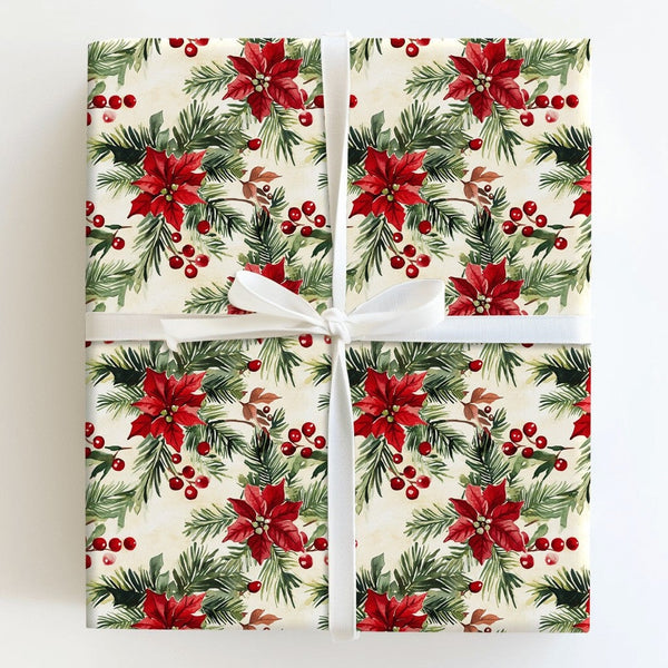 Holly Berry Christmas Wrapping Paper, Watercolor Poinsettia Wrapping Paper, Pine Botanical Gift Wrap, Vintage Holiday Floral 
