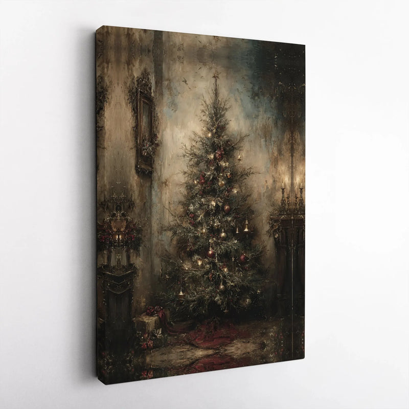Moody Antique Room Oil Painting Art, Vintage Christmas Tree Canvas Print, Rustic Holiday Wall Decor, Nostalgic Xmas Canvas Present
