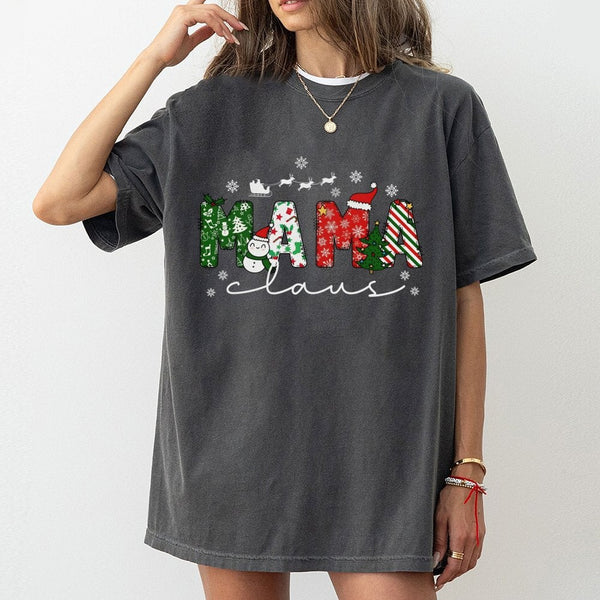 Adorable Holiday Lettering Graphic Tee, Mama Claus Christmas T-Shirt, Festive Mom Christmas Shirt, Matching Family Xmas Outfi