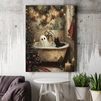 Whimsical Holiday Bathtub Poster, Ghost and Black Cat Christmas Wall Art, Spooky Adorable Xmas Decor Print, Digital Download Cat Lover Present