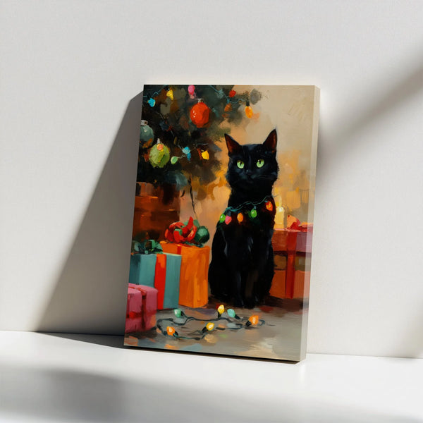 Adorable Kitten in Holiday Lights Canvas Print, Black Cat Christmas Canvas Wall Art, Festive Cat Lover Wall Art, Winter Holid
