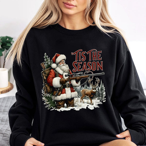 Santa Buck Hunter Christmas Sweater, Tis the Season Deer Hunting Sweatshirt, Humorous Hunting Holiday Crewneck, Outdoorsman X