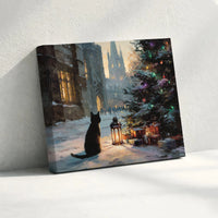 Snowy Winter Street Scene Lantern Poster, Black Cat Christmas Canvas Wall Art, Holiday Kitten Digital Download Print, Cat Lover Xmas Present