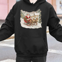 Snowy Christmas Village Hoodie, Vintage Santa Claus Sleigh Hoodie, Retro Santa Graphic Hoodie, Holiday Winter Sweatshirt, Xmas Pullover Present