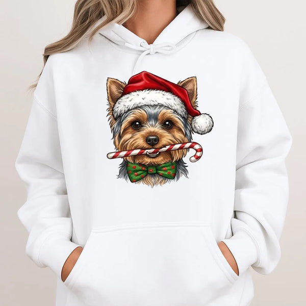 Santa Hat Yorkie Hooded Sweatshirt, Yorkie Christmas Hoodie, Adorable Candy Cane Dog Hoodie, Holiday Pet Lover Present, Comfy