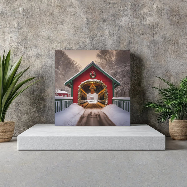 Snowy Red Barn Winter Landscape Poster, Christmas Covered Bridge Canvas Print, Holiday Wall Art, Digital Download Farmhouse X