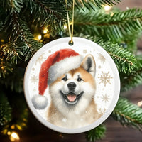 Dog in Santa Hat Ceramic Ornament, Akita Christmas Ornament, Holiday Canine Tree Keepsake, Akita Puppy Lover Xmas Decoration Present