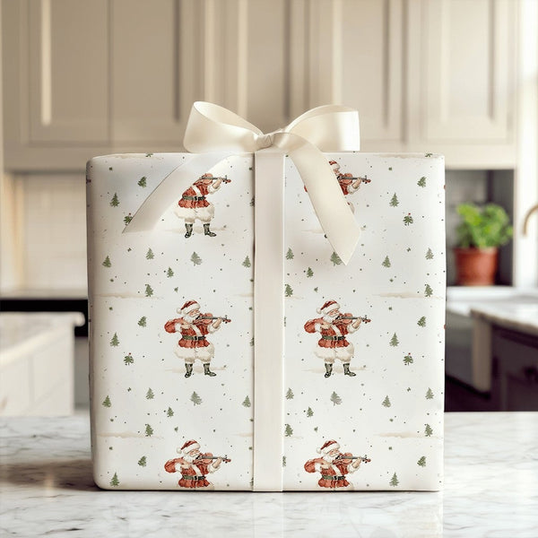 Vintage Santa Christmas Wrapping Paper, Violin Santa Wrapping Paper, Musical Holiday Gift Wrap, Snowy Forest Present Wrapping