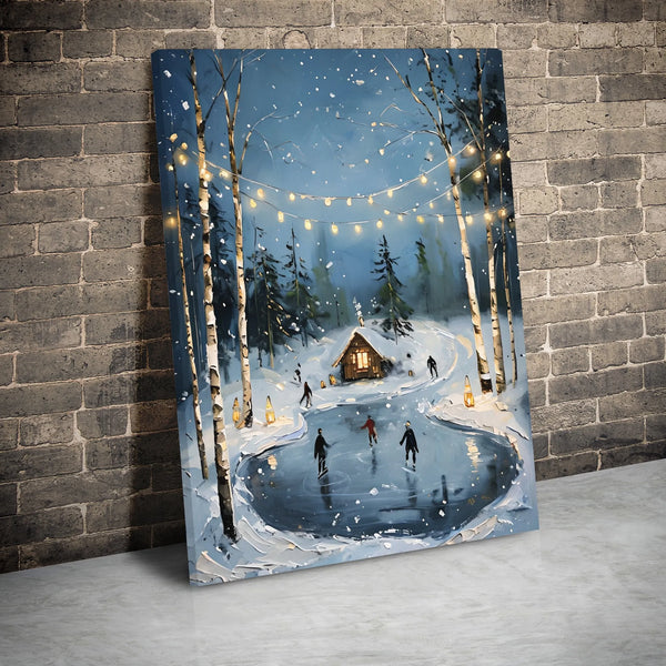 Snowy Cabin Christmas Canvas Print, Winter Ice Skating Canvas Wall Art, Comfy Holiday Wall Decor, Winter Scene Canvas Wall Ar