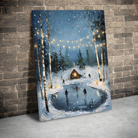 Snowy Cabin Christmas Canvas Print, Winter Ice Skating Canvas Wall Art, Comfy Holiday Wall Decor, Winter Scene Canvas Wall Art