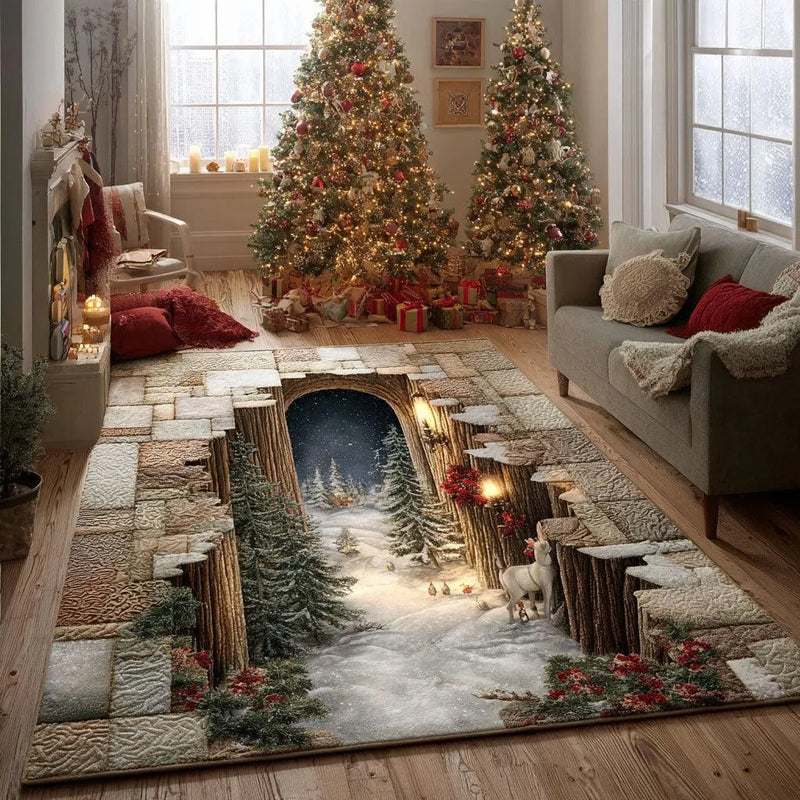 Winter Wonderland Deer Rug, Snowy Forest 3D Illusion Area Rug, Christmas Holiday Floor Mat, Non Slip Living Room Rug, Cabin Decor