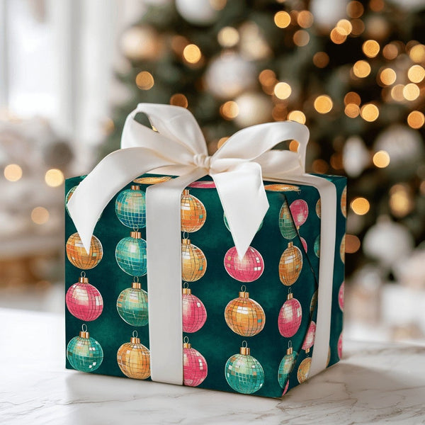 Retro Christmas Gift Wrap Roll, Disco Ball Ornament Wrapping Paper, Multicolor Holiday Present Paper, Dark Green Festive Gift