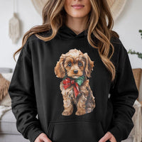 Puppy with Red Bow Holiday Sweatshirt, Cavapoo Christmas Hoodie, Adorable Dog Lover Hooded Sweater, Festive Cavapoo Christmas Present for Dog Mom