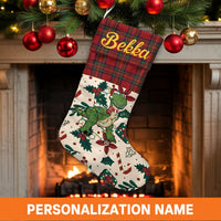 Custom Name Red Plaid Stocking, Personalized Dinosaur Christmas Stocking, Dino Holiday Mantel Decor, Velboa Kids Christmas Stocking