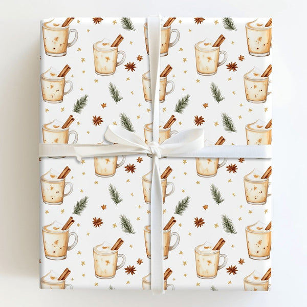 Comfy Holiday Drink Gift Wrap, Watercolor Eggnog and Cinnamon Wrapping Paper, Festive Christmas Wrapping Paper, Winter Bevera