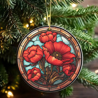 Red Botanical Flower Tree Keepsake, Stained Glass Poppy Ceramic Ornament, Floral Garden Tree Decor, Nature Gardener Christmas Present