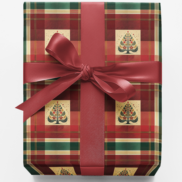 Vintage Plaid Holiday Gift Wrap, Tartan Tree Christmas Wrapping Paper, Red Green Gold Xmas Paper, Traditional Winter Gift Wra