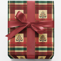 Vintage Plaid Holiday Gift Wrap, Tartan Tree Christmas Wrapping Paper, Red Green Gold Xmas Paper, Traditional Winter Gift Wrapping Paper