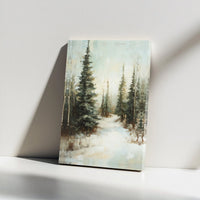 Snowy Pine Tree Path Painting Print, Winter Forest Canvas Wall Art, Serene Christmas Landscape Poster, Digital Download Decor