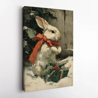 Vintage White Rabbit Holiday Wall Art, Christmas Bunny Canvas, Red Bow Holly Bunny Print, Winter Bunny Canvas Art, Rabbit Lover Present