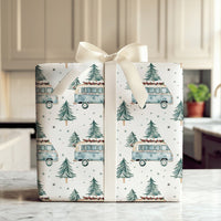 Retro Camper Van Gift Wrap, Vintage Blue Camper Wrapping Paper, Winter Pine Tree Camper Paper Roll, Christmas Travel Gift Wrapping Paper