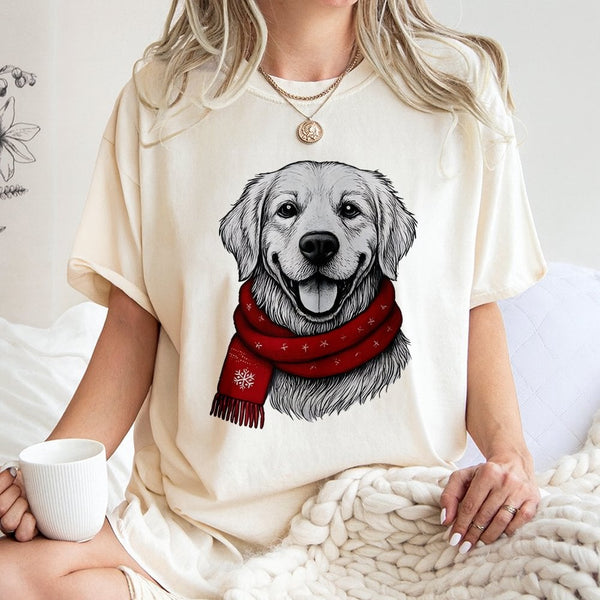Dog with Red Scarf Holiday Shirt, Golden Retriever Christmas T-Shirt, Festive Xmas Dog Lover Graphic Tee, Adorable Puppy Holi