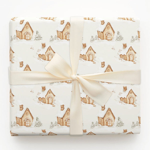 Snowy Cottage Holiday Gift Wrap, Winter Village Christmas Wrapping Paper, Watercolor Cabin Wrapping Paper, Comfy Seasonal Gif